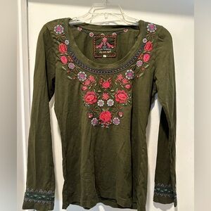 Johnny Was Green Floral Embroidered Long Sleeve Top Size Medium